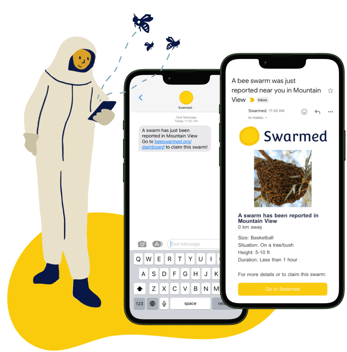 Illustration of a beekeeper in protective clothing holding a smartphone, with bees flying around and small flowers on the ground.